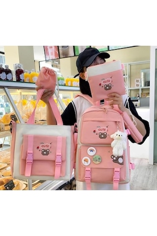 Yucama Yucama Okul Çantası 5 Adet Ortaokul Lise Öğrencisi Sırt Çantası Set Estetik Okul Çantaları Rozet Ve Kolye Ile Sevimli Kitap Çantası, Omuz Çantası, Kalem Kutusu, Bez Çanta - Pink Kırmızı - Gri