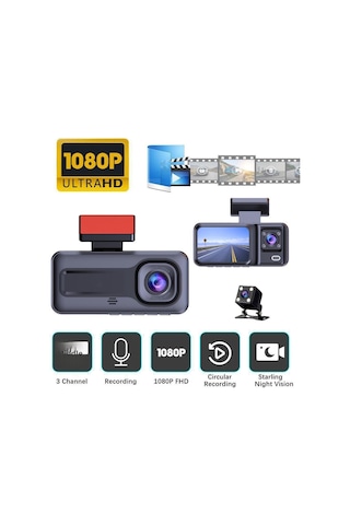 Full Hd 1080p Wi-fi 3 Kameralı Araç Içi Kamera Araba Güvenlik Kamerası Gece Görüşü Ön Geri İç Kayıt