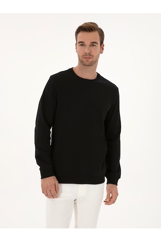 Siyah Regular Fit %100 Pamuk 3 İplik Bisiklet Yaka Sweatshirt