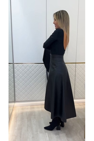 Moderie Butik Kadın Belden Kuşaklı Uzun Deri Etek Siyah