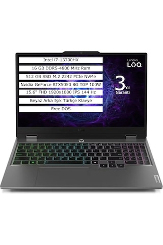 Lenovo Loq 15IRX10 83JE00JPTR i7-13650HX 16 GB 512 GB SSD 8 GB RTX5050 15.6" Dos Dizüstü Bilgisayar