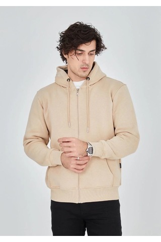 Luz&pos Erkek Tam Fermuarlı Kapşonlu Sweatshirt - Bej Bej