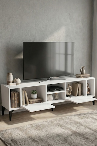 Tv Sehpası 160 Cm Modern Çok Amaçlı Dolaplı Raflı Televizyon Ünitesi Linya Beyaz