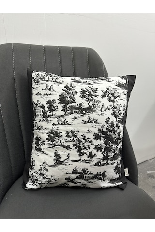 Toile De Jouy Monet Kırlent Kılıfı 43x43 Cm %100 Pamuk Dijital Baskılı Country Tarzı Fransız Dekoratif Yastık Kılıfı - Zt750 Siyah-