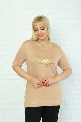 Modasehle Kadın Büyük Beden Bej Varak Detaylı T-shirt Bej