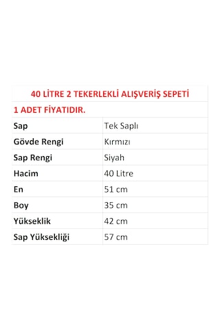 40 Litre 2 Tekerlekli Plastik Alışveriş El Sepeti Kırmızı 1 Adet / En:51 Boy:35 Yükseklik:42 Cm