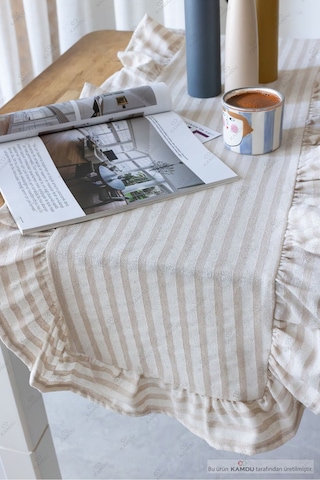 Bej Çizgili 40x125 Cm Vintage Fırfırlı %100 Keten Pamuklu Amerikan Runner Bej