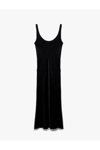 Koton Slim Fit Kolsuz U Yaka Kalın Askılı Uzun Saten Elbise Siyah 6wak80025uw Siyah