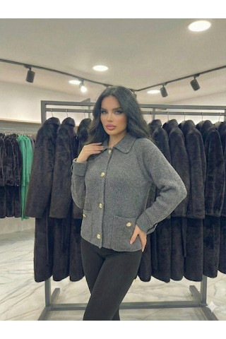 Ribana Classic Kadın Yaka Detaylı Astarlı Slim Fit Kısa Mont Füme
