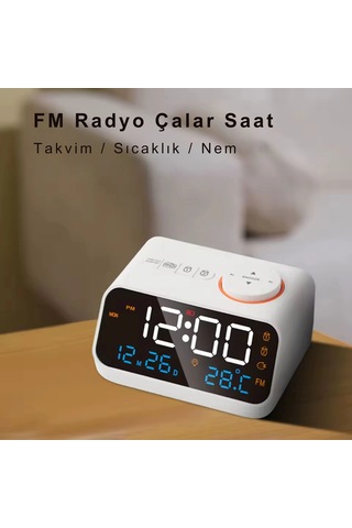 Shopytech Fm Radyo Dijital Çalar Saat Led Ekranlı Masa Saati Sıcaklık Nem Göstergesi 2 Usb Şarj Çıkı Beyaz
