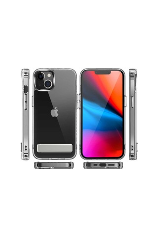 Apple Uyumlu iPhone 14 Kılıf Standlı Şeffaf Silikon Zore L-Stand Kılıf Renksiz