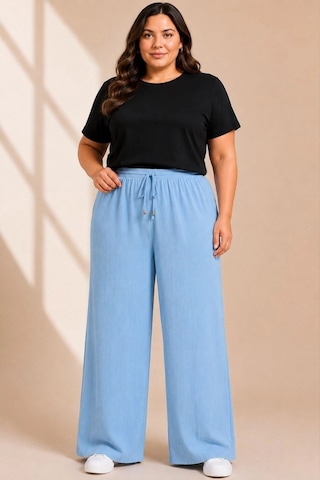 Ertaştrendstore Kadın Battal Beden Bürümcük Kumaş Beli Lastikli Bağcıklı Bol Paça Palazzo Pantolon - Bebek Mavisi Çok Renk