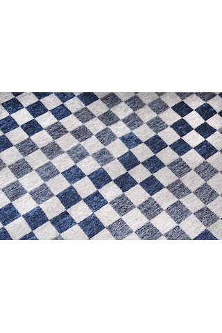 Mavi Beyaz Modern Geometrik Dama Desenli Yıkanabilir Halı - Yo30035xf Mavi - Beyaz