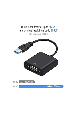 Lunatic 5649 Usb 3.0 To Vga Çevirici Dönüştürücü Adaptor Monitör Kablosu Usb 3.0 Portunuz Varsa 1080p Ye Kadar Yüksek Çözünürlükte Görüntü Aktarımı Sağlayabilirsiniz