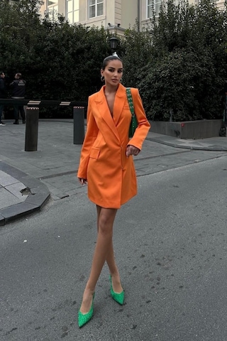 WeShaya Kadın Oranj Kruvaze Dokuma Kısa Elbise Oranj