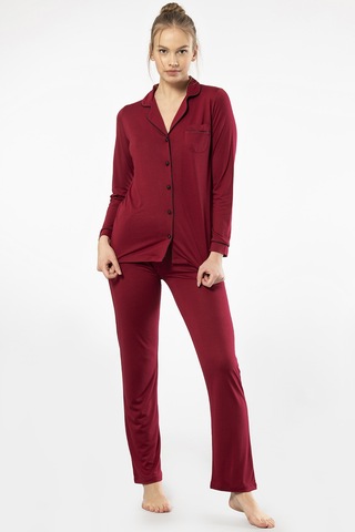 Türen 3365 Kadın Uzun Kollu Gömlek Yaka Pijama Takım-bordo Bordo