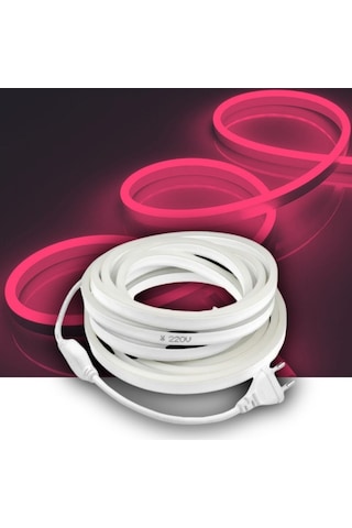 Pembe Neon Şerit Led Fişli 220v Esnek Dış Mekan, Bahçe, Açık Alan Dekoratif Aydınlatma 40 Metre