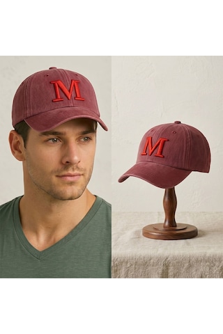 Bk Gift Kişiye Özel Harf Nakışlı Vintage Bordo Beyzbol Şapkası Unisex Eskitme Kumaş Metal Tokalı