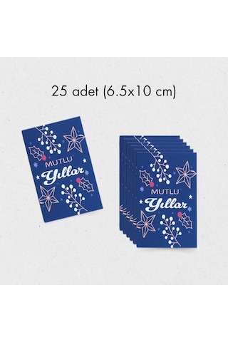 Yılbaşı Mutlu Yıllar Yazılı Hediye Kart Seti, Yıldız Temalı Paketleme Kartı, 25 Adet-6,5x10 Cm, Mavi