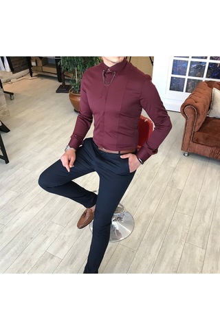 Italyan Kesim Slim Fit Erkek Saten Bordo Zincirli Gömlek T4099
