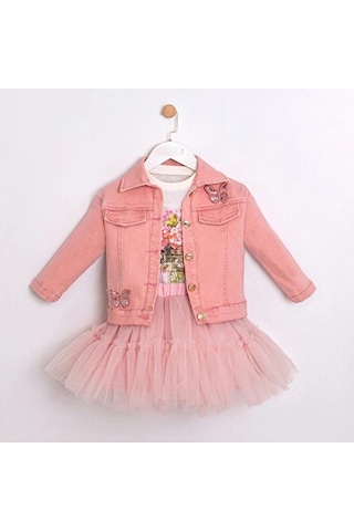 Ministok Butterfly Kız Çocuk Ceket Tütü Etek T-shirt 3'lü Takım Pembe