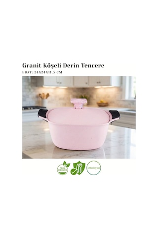 24 Cm Granit Köşeli Derin Tencere Alüminyum Kapak - Pembe Pembe
