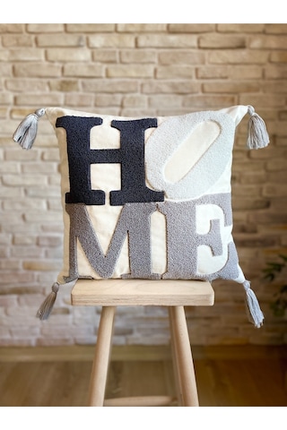 Swita Home Punch İşlemeli Tekli Dekoratif Özel Tasarım Kırlent Kılıfı Panç Krem - Lacivert