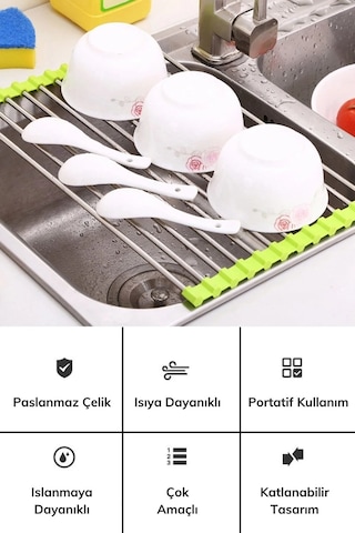 Evye Üstü Katlanır Nihale Paslanmaz Çelik Pratik Sebze Meyve Bulaşık Kurutma Süzgeci Standart