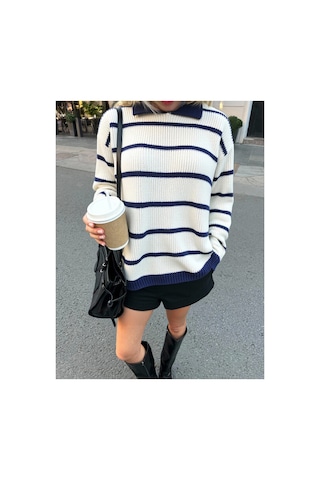 Meecy Selanik Örgü Polo Yaka Oversize Zr Model Kadın Triko Kazak Bej & Lacivert Bej & Lacivert