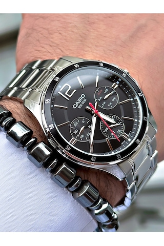Casio Gümüş Renk Siyah Kadran Çelik Kordon Fonksiyonlu Erkek Kol Saati + Bileklik Hediyeli Nda94
