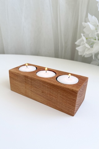 3'lü Ahşap Mumluk - 15x6x5 Cm - Doğal Kayın Ağacı Dekoratif Hediyelik Açık Renk Ahşap