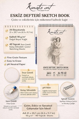 Lexroo A4 Eskiz Defteri, İnce Grenli, Kolay Silinebilir Ph Nötr Kağıt, Spiralli Sketch Book, 90 G/m² Çok Renkli