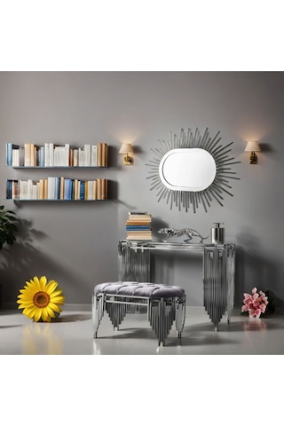 Ekgconcept Piyano Model Lüx Gümüş Dresuar Elips Ayna Ve Puf Gümüş