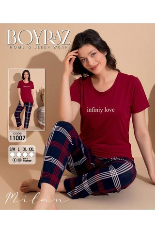 Boyraz Slim Fit Dar Kesim Kadın Milan Bisiklet Yaka Kısa Kol Pijama Takımı 11007b - 1 Adet Bordo