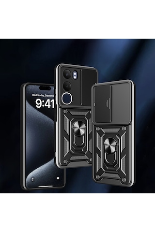 Vivo Y19s Kılıf Magnetik Standlı Kamera Korumalı Zore Sürgülü Vega Kapak Mavi