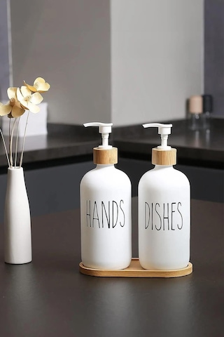 Beyaz Cam İkili Sıvı Sabunluk Seti 500 Ml Bambu Altlıklı Beyaz