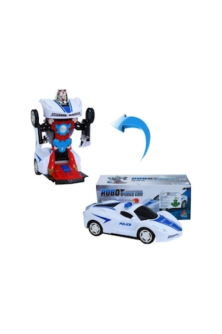 Robota Dönüşen Çarpıp Dönen Led Işıklı Pilli Oyuncak Polis Arabası Beyaz