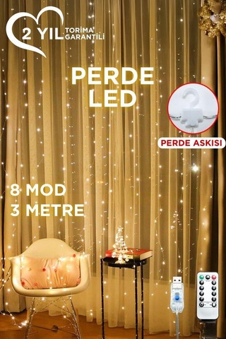 Torima Lw-7 300 Ledli 10 Sarkıt Perde Led Işık, 8 Modlu Uzaktan Kumandalı, 3x3 Metre Peri Telli Led Altın