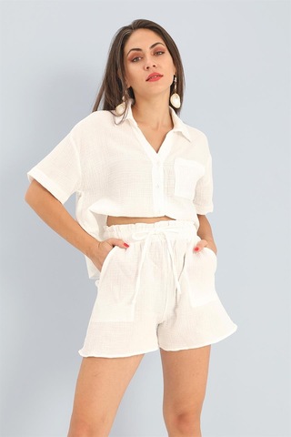 Takım Müslin Gömlek Şort - Ekru-ekru Ekru