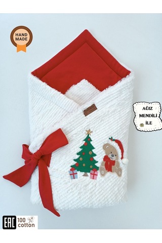 Kışlık Bebek Battaniyesi & Kundağı - Çam Ağacı & Ayıcık Işlemeli Hastane Çıkışı - Yeni Yıla Özel Kırmızı