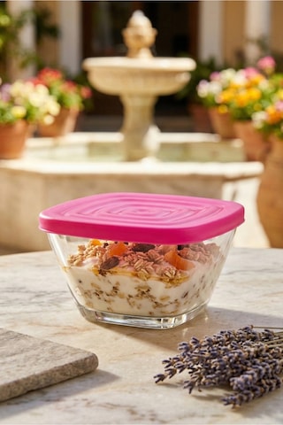 Lav Defne Cam Saklama Kabı 2'li Küçük Boy 315 ml Kare Pembe Plastik Kapaklı (Kahvaltılık )