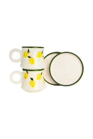 2 Li Takım Limon Desenli El Yapımı Kazan Seramik Kahve Fincanı, Kahve Fincanı, Hand Made Beyaz