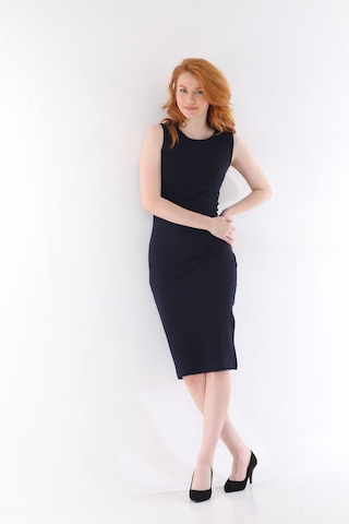 Kallima Lacivert Kolsuz Diz Altı Yırtmaçlı Fitilli Esnek Elbise