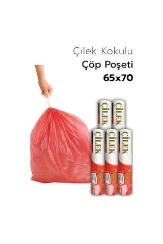 5 Paket Büyük Boy 65x70 Çilek Kokulu Büzgülü Çöp Poşeti 50 Adet Çöp Torbası 60 Litre