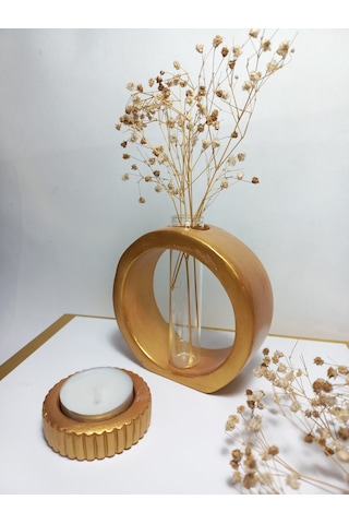 Dekoratif Vazo, Cam Tüplü, Yuvarlak Model Gold