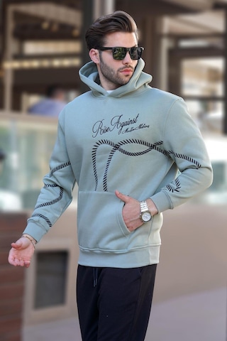 Madmext Çağla Yeşil Baskılı Kapşonlu Cep Detaylı Erkek Sweatshirt 7067 Yeşil