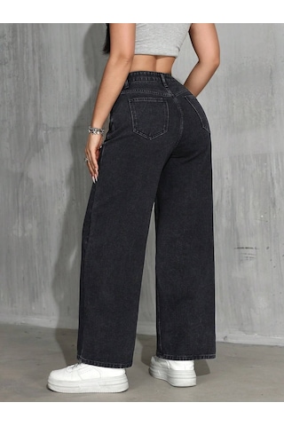Palazzo Pantolon Koyu Füme Yüksek Bel Geniş Paça Bol Kesim Premium Jeans Gri