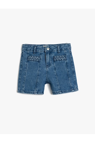 Koton Pamuklu Yüksek Belli Örgü Detaylı Denim Şort Lıght Indıgo 5skg40104ad Açık Mavi