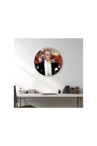 Atatürk Temalı Dekoratif Duvar Saati 33 Cm Uv Baskılı Mdf Duvar Saati Çok Renkli
