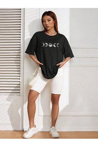 Moon Phase T-shirt - Siyah Baskılı Oversize Bisiklet Yaka Kısa Kol SIYAH